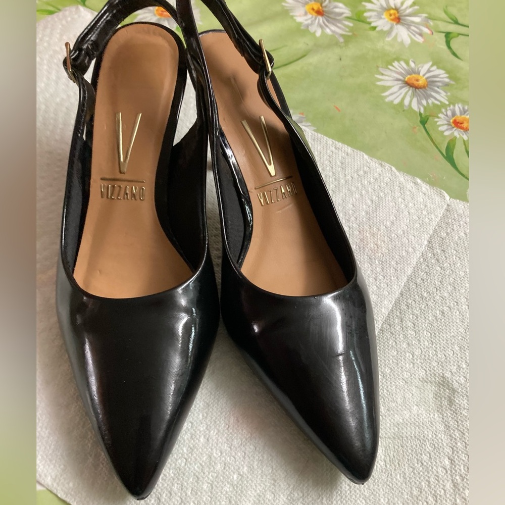 Vizzano black patent-leather slingback heels